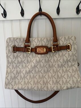 Michael Kors Cream MK Monogram Tote with Brown Leather Trim